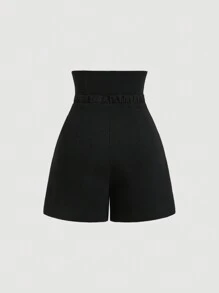 SHEIN MOD Quần short nữ cạp cao màu đen viền ren, dây kéo trang trí và thắt lưng cho phong cách sang trọng trong mùa hè - màu đen - Xem 2