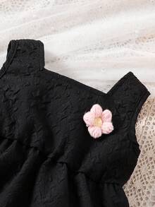 Souflis Souflis 寶寶女孩休閒款3D花卉裝飾提花無袖上衣和短褲套裝，適用於夏季 - 黑色 - 查看 3