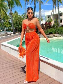 SHEIN SXY Conjunto de 2 piezas para el verano: Top sin tirantes naranja con escote y pantalones anchos naranja para vacaciones en la playa, ropa de mujer - Naranja Quemada - Ver 5