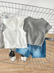 SHEIN Baby Boys' Slogan Printed Sleeveless Hoodie, Denim Shorts And Round Neck T-Shirt Set - Multicolor - View 2