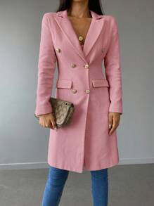 RueChic Lapel Collar Double Breasted Overcoat - Pink - View 6