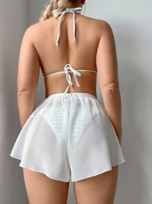 SHEIN Swim Women Textured Halter Bikini Set With Cover Up Shirt And Shorts, Perfect For Summer Beach Vacation - White - View 2