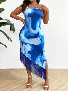 SHEIN Clasi Plus Size Mùa Hè Gợi Cảm Dây Buộc In Viền Viền Slim Fit Spaghetti Dây Đầm - Nhiều màu - Xem 6