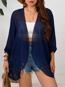 SHEIN Clasi Plus Size Plain See-Through Vacation Casual Coat - Royal Blue - View 3