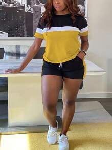 Women Summer Sports Suit, Fashion Color Block Round Neck Short Sleeve T-Shirt And Drawstring Shorts Set