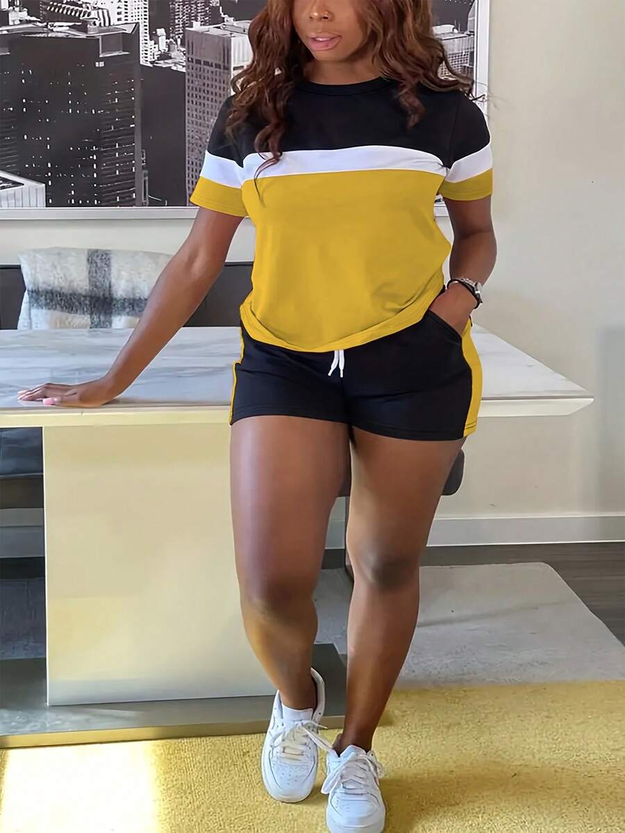 Women Summer Sports Suit, Fashion Color Block Round Neck Short Sleeve T-Shirt And Drawstring Shorts Set