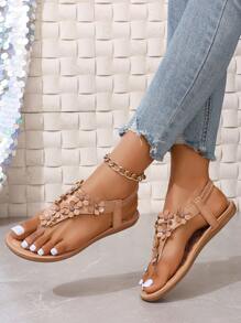 Sandalias planas de playa blancas para mujer de talla grande, nuevas sandalias tipo chanclas casuales con flores y rhinestones bohemias para mujer - Albaricoque - Ver 3