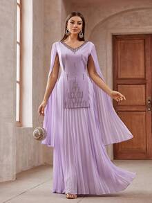 女士閃石裝飾披肩袖及地長禮服，適用於酒會派對 - 淡紫色 - 查看 5