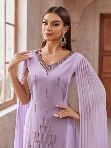 女士閃石裝飾披肩袖及地長禮服，適用於酒會派對 - 淡紫色 - 查看 6