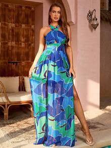 LOVE&LEMONADE 性感花卉印花度假吊带深 V 领开衩连衣裙，露背设计 - 藍色 - 查看 4