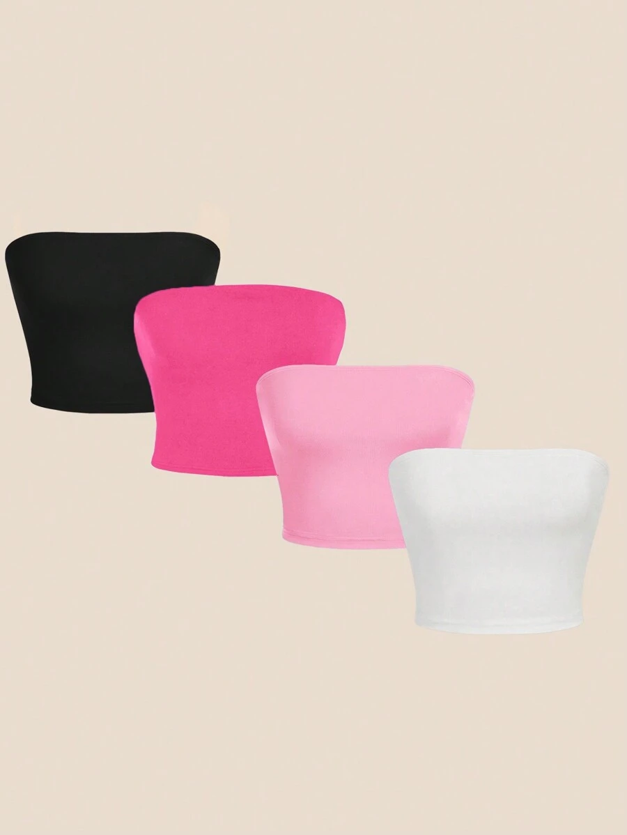 SHEIN Essnce 4 piezas/set Tops informales ajustados sin tirantes de unicolor, camisa para mujer de verano combinable con cualquier fondo - Multicolor - Ver 1