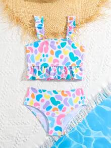 Young Girl Beach Vacation Colorful Leopard Print Tankini Bikini Set - White - View 3