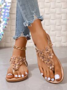 Sandalias planas de playa blancas para mujer de talla grande, nuevas sandalias tipo chanclas casuales con flores y rhinestones bohemias para mujer - Albaricoque - Ver 2