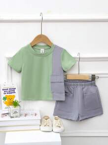Baby Boy Summer Casual Color Block Short Sleeve Top & Solid Shorts Set - Green - View 1