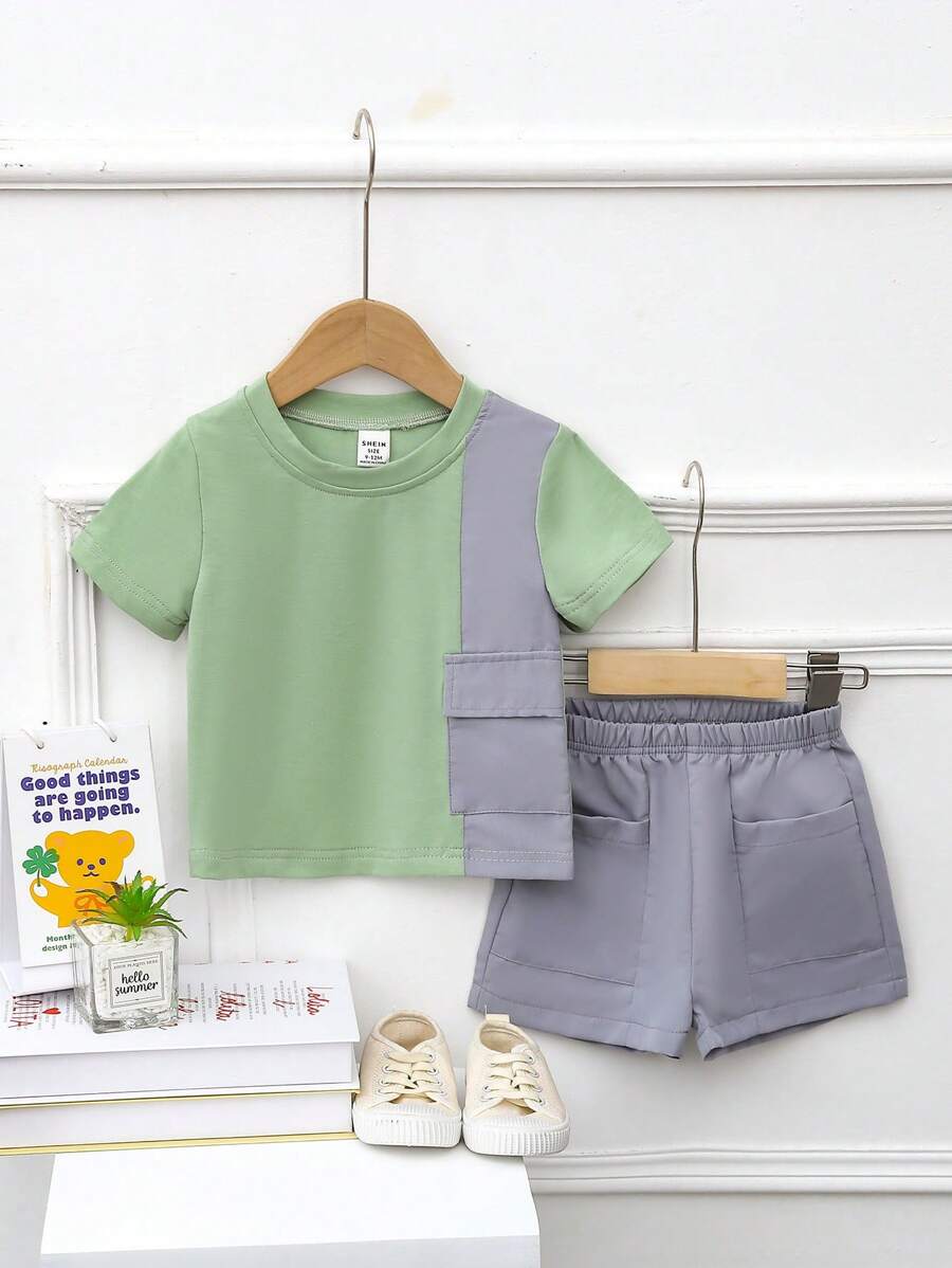 Baby Boy Summer Casual Color Block Short Sleeve Top & Solid Shorts Set - Green - View 1