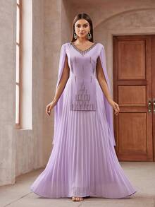 女士閃石裝飾披肩袖及地長禮服，適用於酒會派對 - 淡紫色 - 查看 4