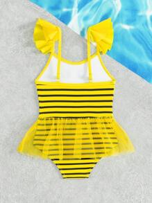 Traje de baño para bebé niña con estampado de dibujos animados, mangas contrastantes de malla con volantes para vacaciones en la playa - Multicolor - Ver 2