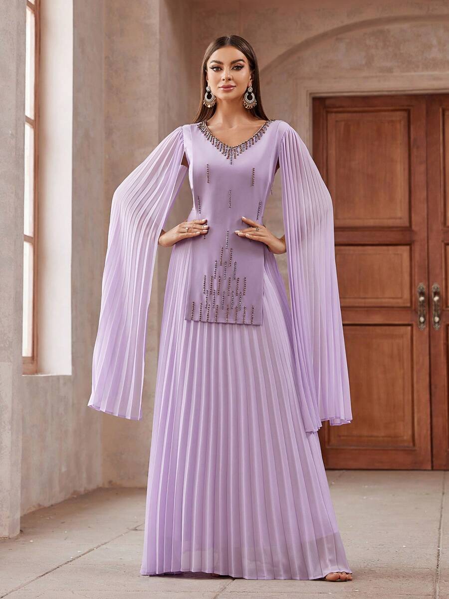 女士閃石裝飾披肩袖及地長禮服，適用於酒會派對 - 淡紫色 - 查看 1