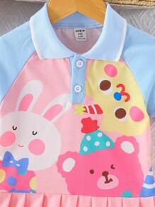 Gaun Bayi Perempuan Kontras Mesh Berlipat Tombol Depan Hewan Kartun Blok Warna Grafis Striped - MultiWarna - View 4