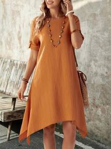 EMERY ROSE Women Simple Solid Color Round Neck Short Sleeve Dress - Yellow - View 7