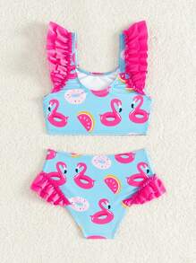 SHEIN Young Girl Cartoon Printed Bikini Set With Ruffled Trim, Ideal For Beach Vacation - Multicolor - View 2