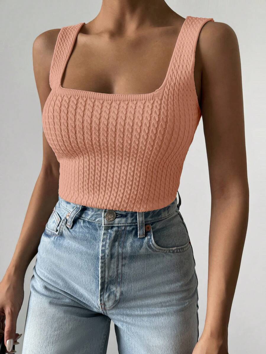 EURMUSE Solid Cable Knit Top - Coral Orange - View 1