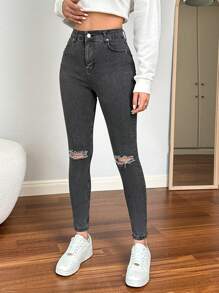 Cottnline Women'S Slim Fit Distressed Denim Jeans - Light Grey - View 4
