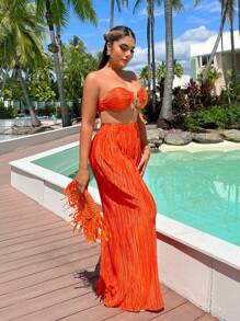 SHEIN SXY Conjunto de 2 piezas para el verano: Top sin tirantes naranja con escote y pantalones anchos naranja para vacaciones en la playa, ropa de mujer - Naranja Quemada - Ver 13