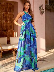 LOVE&LEMONADE 性感花卉印花度假吊带深 V 领开衩连衣裙，露背设计 - 藍色 - 查看 5