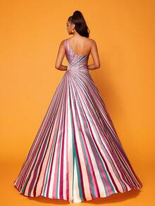 Smilprince Maxi-Length Premium Elegant Stripe Print Sleeveless Split-To-Thigh Formal Evening Dress