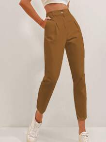 SHEIN Cottnline Solid Color Pleated Fold Over Tapered Capri Pants - Camel - View 6