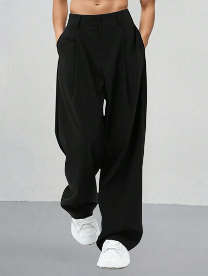 Manfinity Homme Men Casual Solid Color Wide Leg Pleated Suit Pants