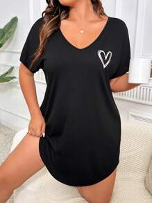 Miss Vinta Plus Size Mùa hè Thường ngày thân thiện với làn da Váy ngủ hình trái tim in hình vòng cung Hem - màu đen - Xem 7