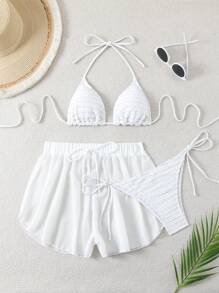 SHEIN Swim Women Textured Halter Bikini Set With Cover Up Shirt And Shorts, Perfect For Summer Beach Vacation - White - View 8