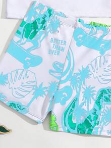 青少年男孩口號卡通恐龍印花落肩袖上衣和短褲休閒泳裝套裝 - 藍色 - 查看 5