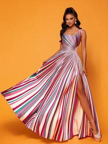 Smilprince Maxi-Length Premium Elegant Stripe Print Sleeveless Split-To-Thigh Formal Evening Dress