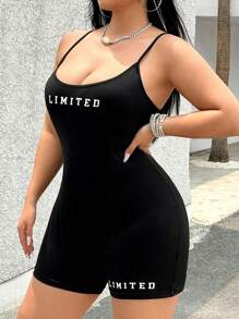 SHEIN ICON 大码细肩带字母印花连体衣，适合夏季 - 黑色 - 查看 6