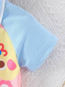Gaun Bayi Perempuan Kontras Mesh Berlipat Tombol Depan Hewan Kartun Blok Warna Grafis Striped - MultiWarna - View 6