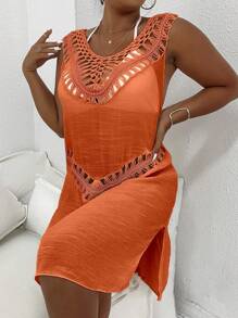 cache-maillot de plage décontractée grande taille sans manches en couleur unie avec coutures creuses - Orange - Voir 5