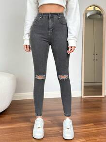 Cottnline Women'S Slim Fit Distressed Denim Jeans - Light Grey - View 5