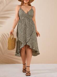 RueChic Plus Ditsy Wrap Knot Side Cami Dress - Apricot - View 2