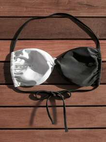 SHEIN Swim 女士彩色拼接頸掛比基尼上衣 - 黑與白 - 查看 2