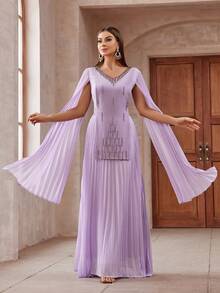 女士閃石裝飾披肩袖及地長禮服，適用於酒會派對 - 淡紫色 - 查看 3