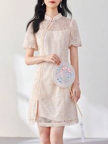 Elegant Summer Cheongsam Dress With Improved Lantern Sleeves And Chinese Style Buttoned Collar, Ladies Lace Qipao Dress - Orange - View 4