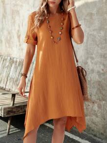 EMERY ROSE Women Simple Solid Color Round Neck Short Sleeve Dress - Yellow - View 6