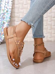 Sandalias planas de playa blancas para mujer de talla grande, nuevas sandalias tipo chanclas casuales con flores y rhinestones bohemias para mujer - Albaricoque - Ver 5