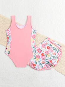 Young Girl Simple Printed One-Piece Swimsuit/Random Print/With Swim Shorts - Coral Pink - View 2