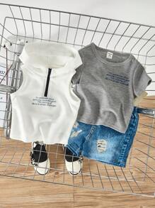 SHEIN Baby Boys' Slogan Printed Sleeveless Hoodie, Denim Shorts And Round Neck T-Shirt Set - Multicolor - View 1