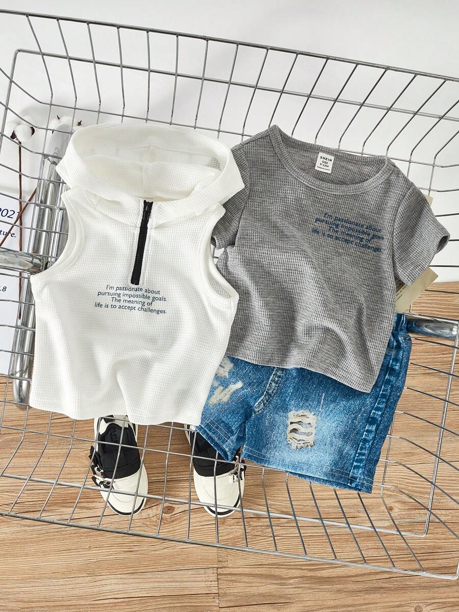SHEIN Baby Boys' Slogan Printed Sleeveless Hoodie, Denim Shorts And Round Neck T-Shirt Set - Multicolor - View 1