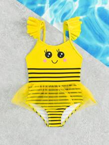 Traje de baño para bebé niña con estampado de dibujos animados, mangas contrastantes de malla con volantes para vacaciones en la playa - Multicolor - Ver 5
